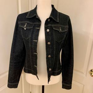 Jean jacket cropped and fitted ladies dark denim- white stitching- Peter Golding